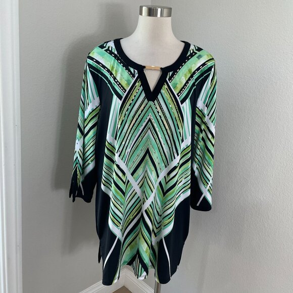 Jm Collection Womens Plus 3X Green Black Geometric Stretch Tunic Top 3/4 Sleeve - Picture 1 of 11